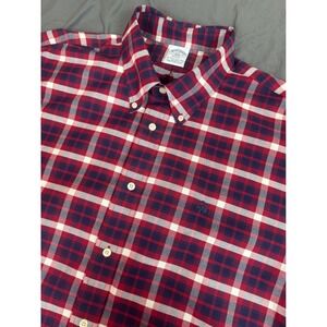 Brooks Brothers Regent Fit Mens XXL Red Navy Blue Plaid Short Sleeve Shirt